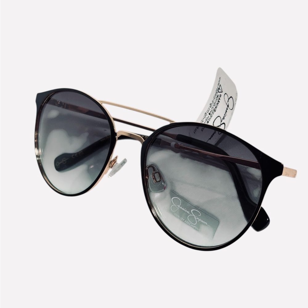 Jessica Simpson Women's J5564 Retro Metal Round Sunglasses Black/Gold Lenses - Picture 7 of 15